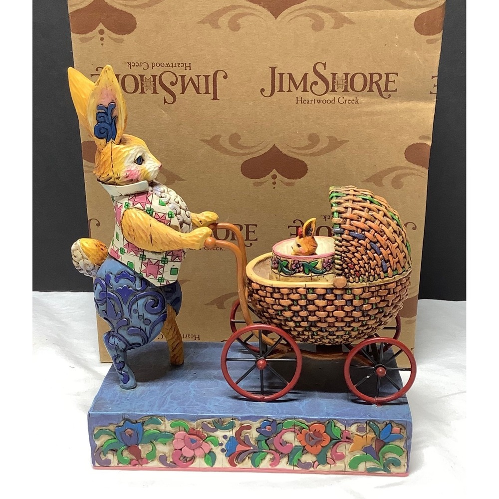 JIM SHORE 2004 "You're A Good Egg" Mama Bunny Pushing Stroller & Baby in an Egg